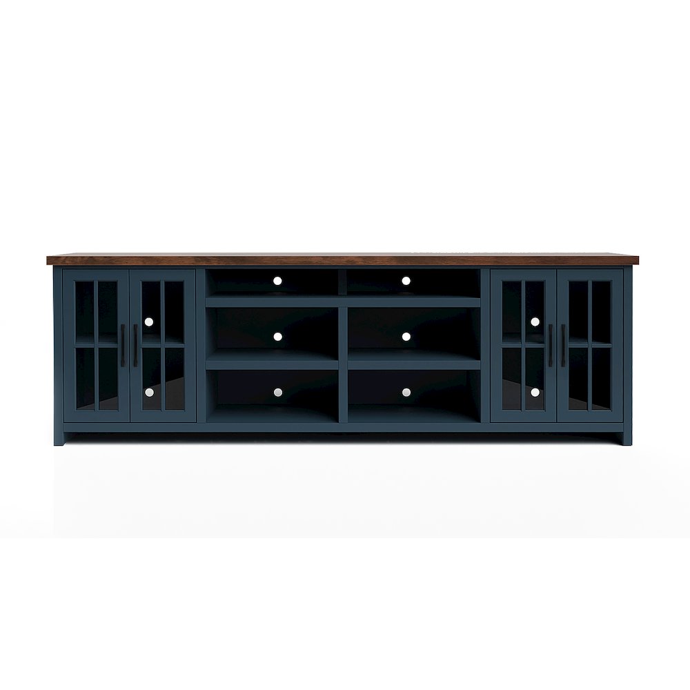 Nantucket 96in TV Stand Console for TVs up to 100in, Blue Denim & Whiskey Finish. Picture 1