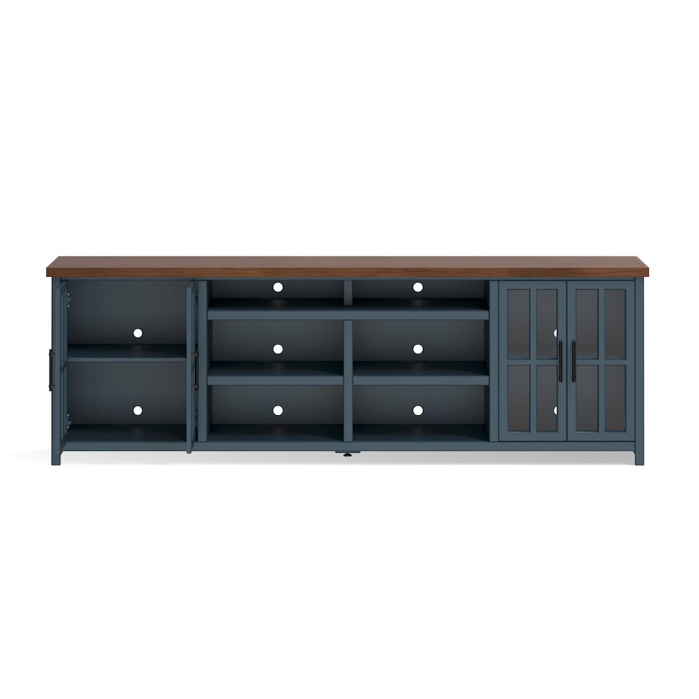 Nantucket 96in TV Stand Console for TVs up to 100in, Blue Denim & Whiskey Finish. Picture 6
