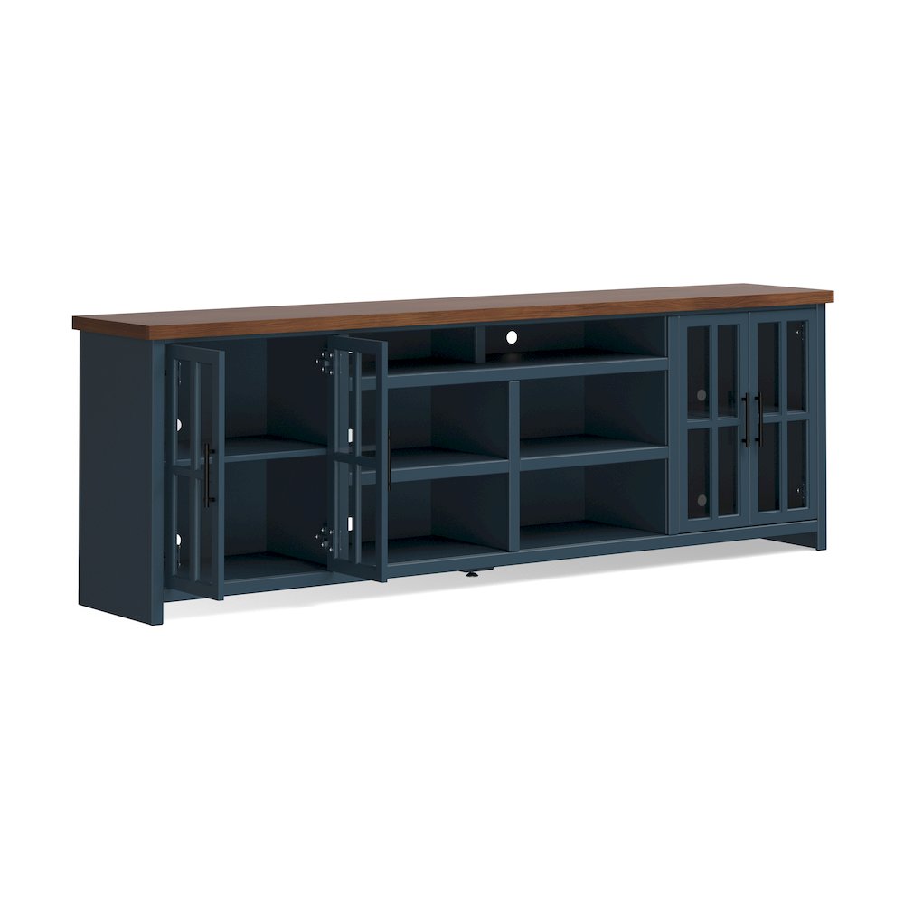 Nantucket 96in TV Stand Console for TVs up to 100in, Blue Denim & Whiskey Finish. Picture 7