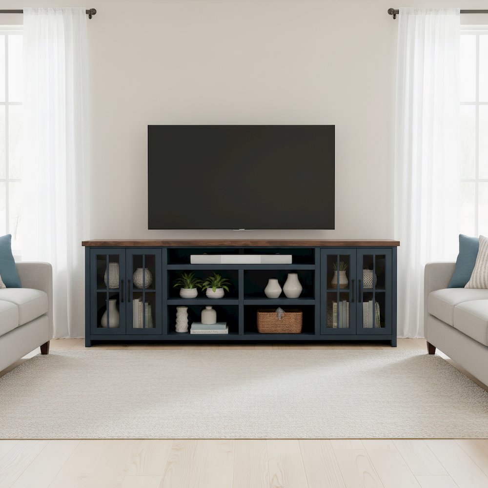 Nantucket 96in TV Stand Console for TVs up to 100in, Blue Denim & Whiskey Finish. Picture 4