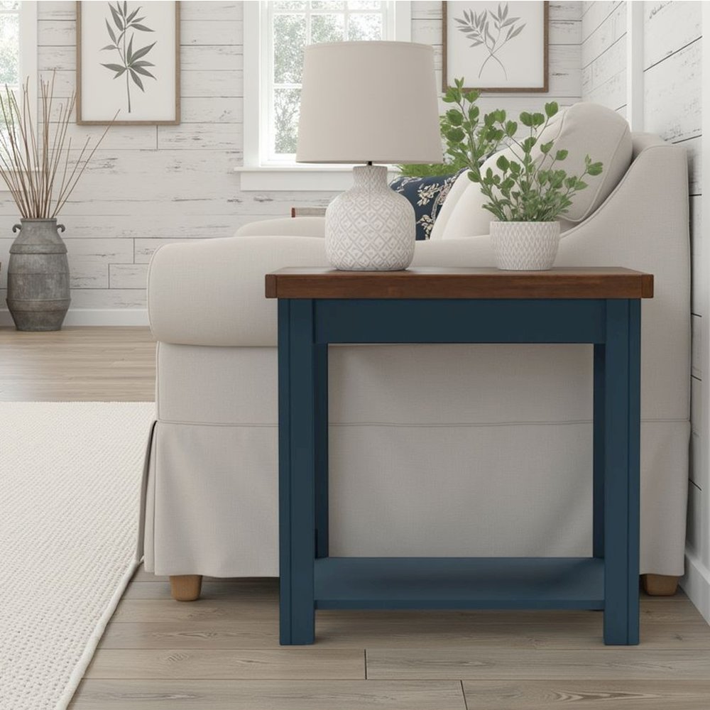 Nantucket 24 inch Side Table, Blue Denim and Whiskey Finish. Picture 3