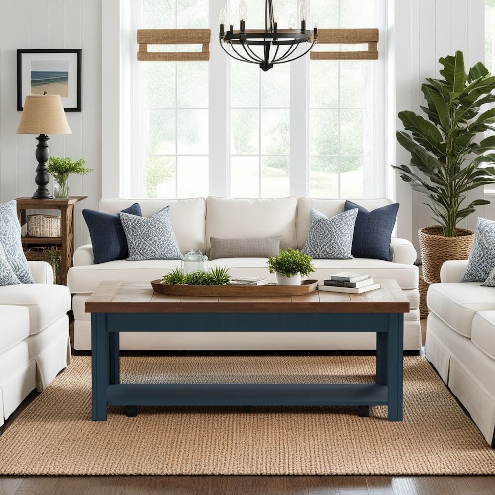 Nantucket 48 inch Coffee Table, Blue Denim and Whiskey Finish. Picture 3
