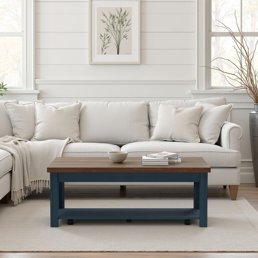 Nantucket 48 inch Coffee Table, Blue Denim and Whiskey Finish. Picture 2
