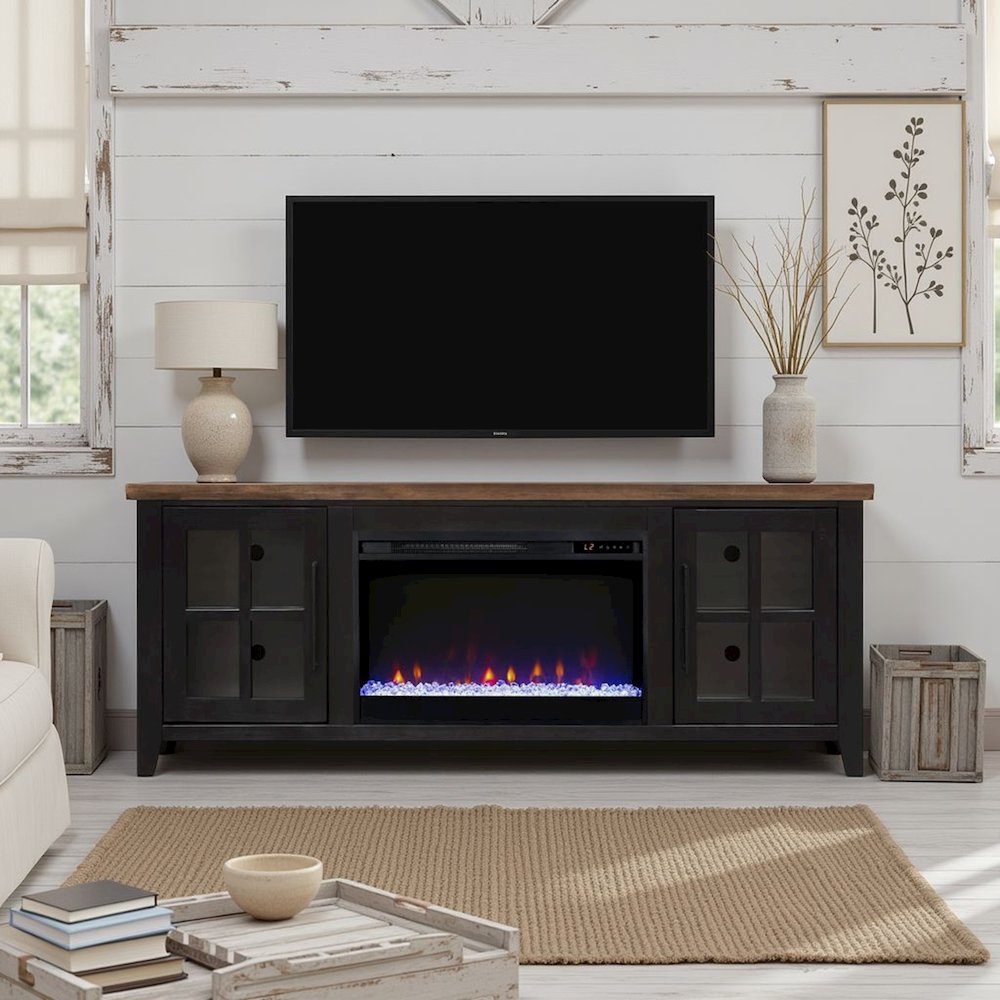 66 inch Fireplace TV Stand, For TVs up to 80 inches, Black and Bourbon Finish. Picture 7