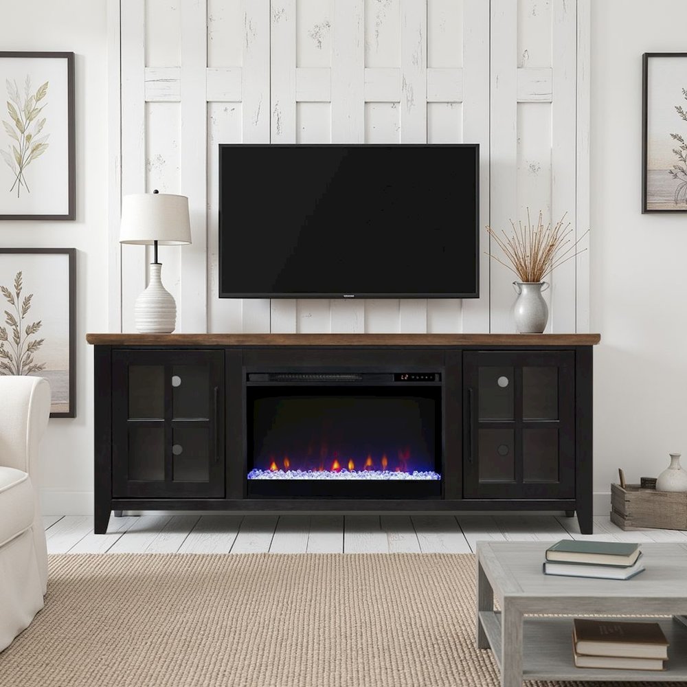 66 inch Fireplace TV Stand, For TVs up to 80 inches, Black and Bourbon Finish. Picture 3