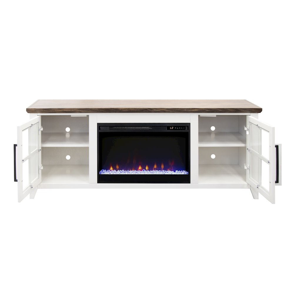 66 inch Fireplace TV Stand, For TVs up to 80 inches, White and Bourbon Finish. Picture 5