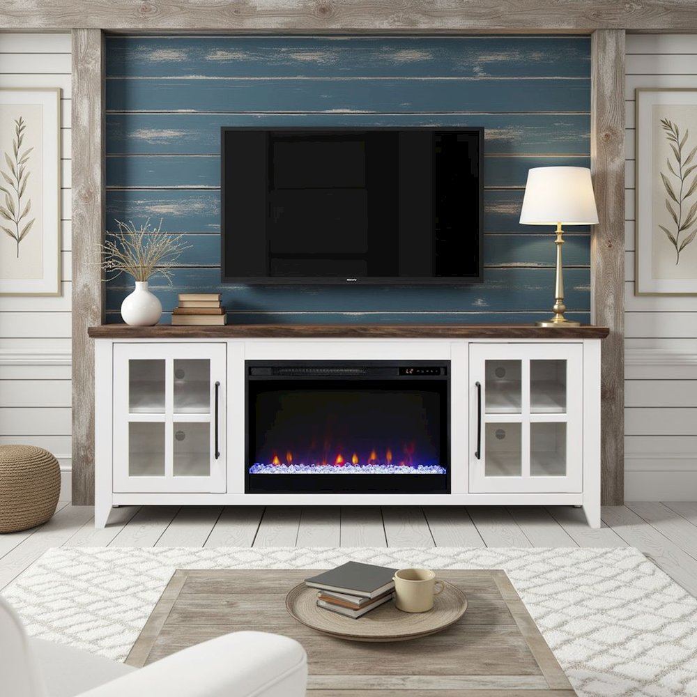 66 inch Fireplace TV Stand, For TVs up to 80 inches, White and Bourbon Finish. Picture 7