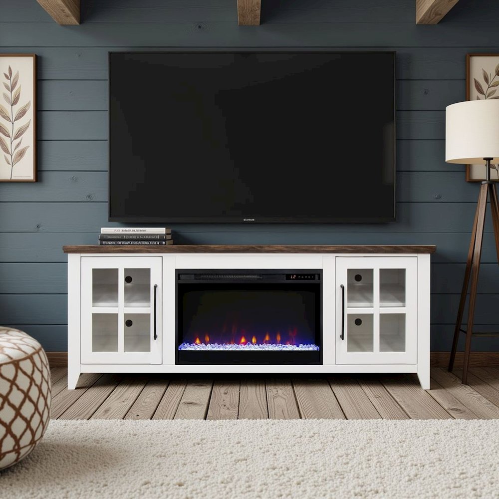 66 inch Fireplace TV Stand, For TVs up to 80 inches, White and Bourbon Finish. Picture 3