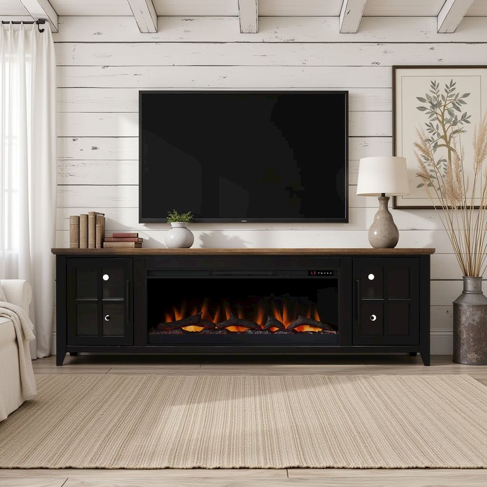 83 inch Fireplace TV Stand, For TVs up to 95 inches, Black and Bourbon Finish. Picture 7