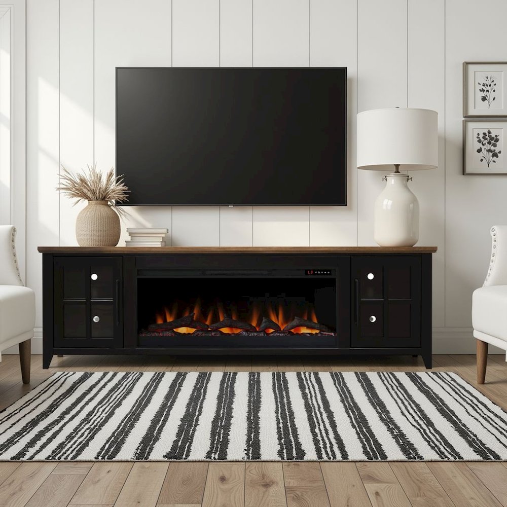 83 inch Fireplace TV Stand, For TVs up to 95 inches, Black and Bourbon Finish. Picture 3