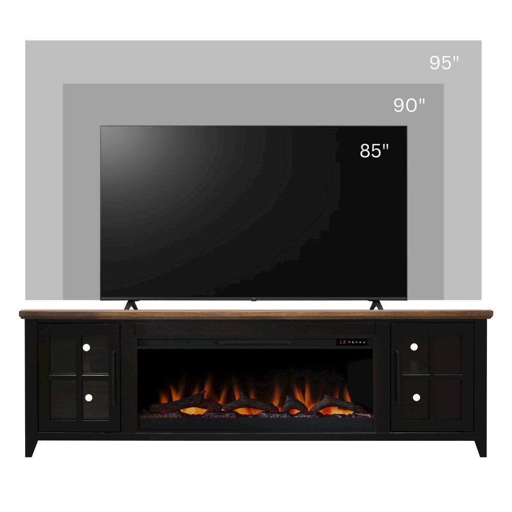 83 inch Fireplace TV Stand, For TVs up to 95 inches, Black and Bourbon Finish. Picture 2