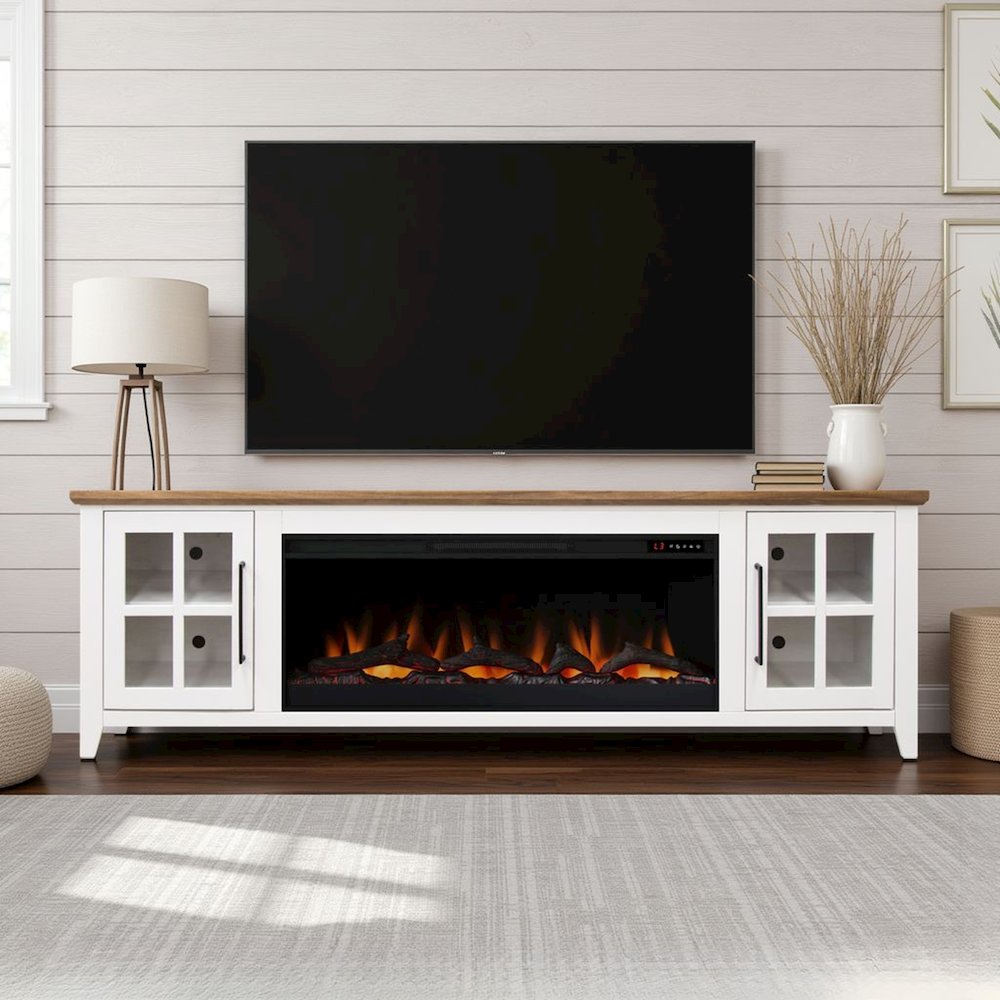 83 inch Fireplace TV Stand, For TVs up to 95 inches, White and Bourbon Finish. Picture 3
