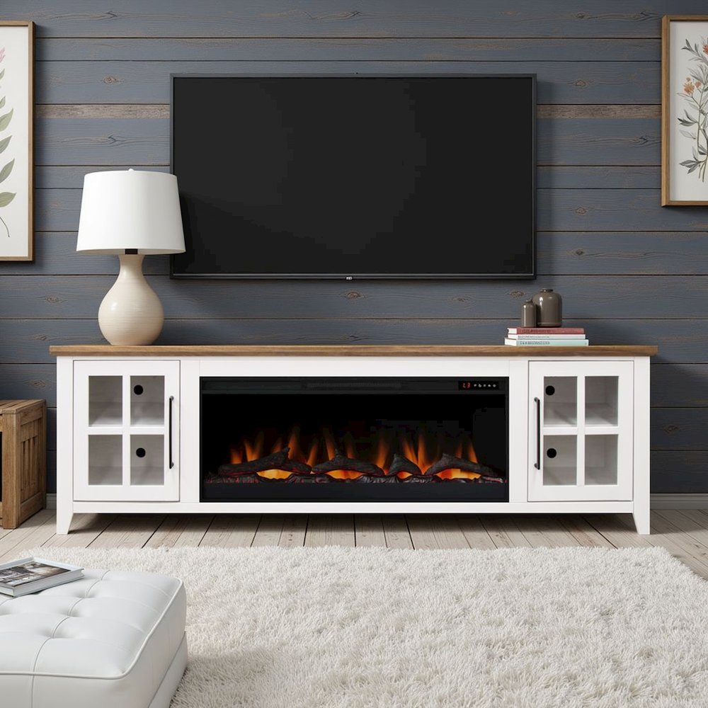 83 inch Fireplace TV Stand, For TVs up to 95 inches, White and Bourbon Finish. Picture 7