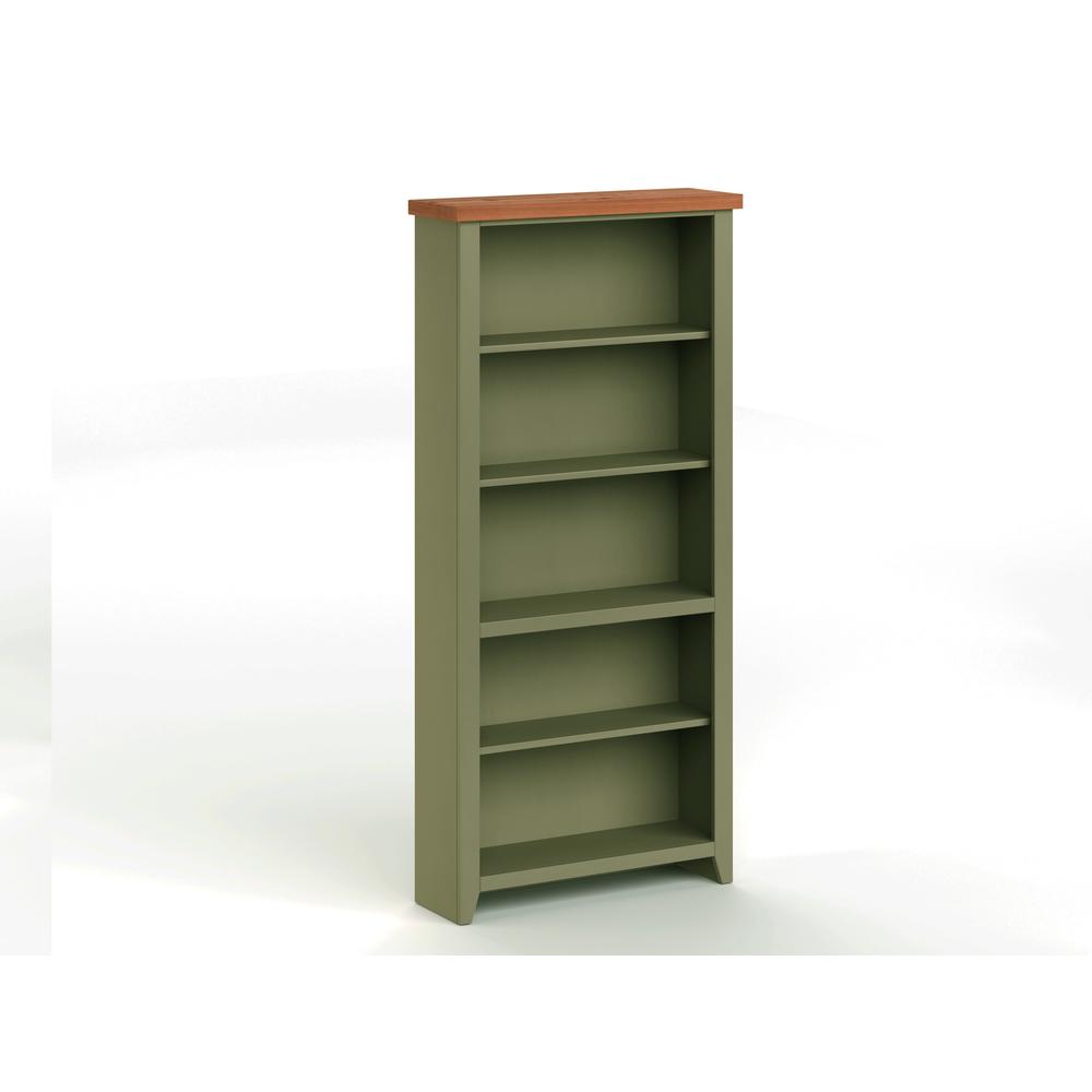 5-Shelf Sage Green and Fruitwood Finish Solid Wood Bookshelf. Picture 1