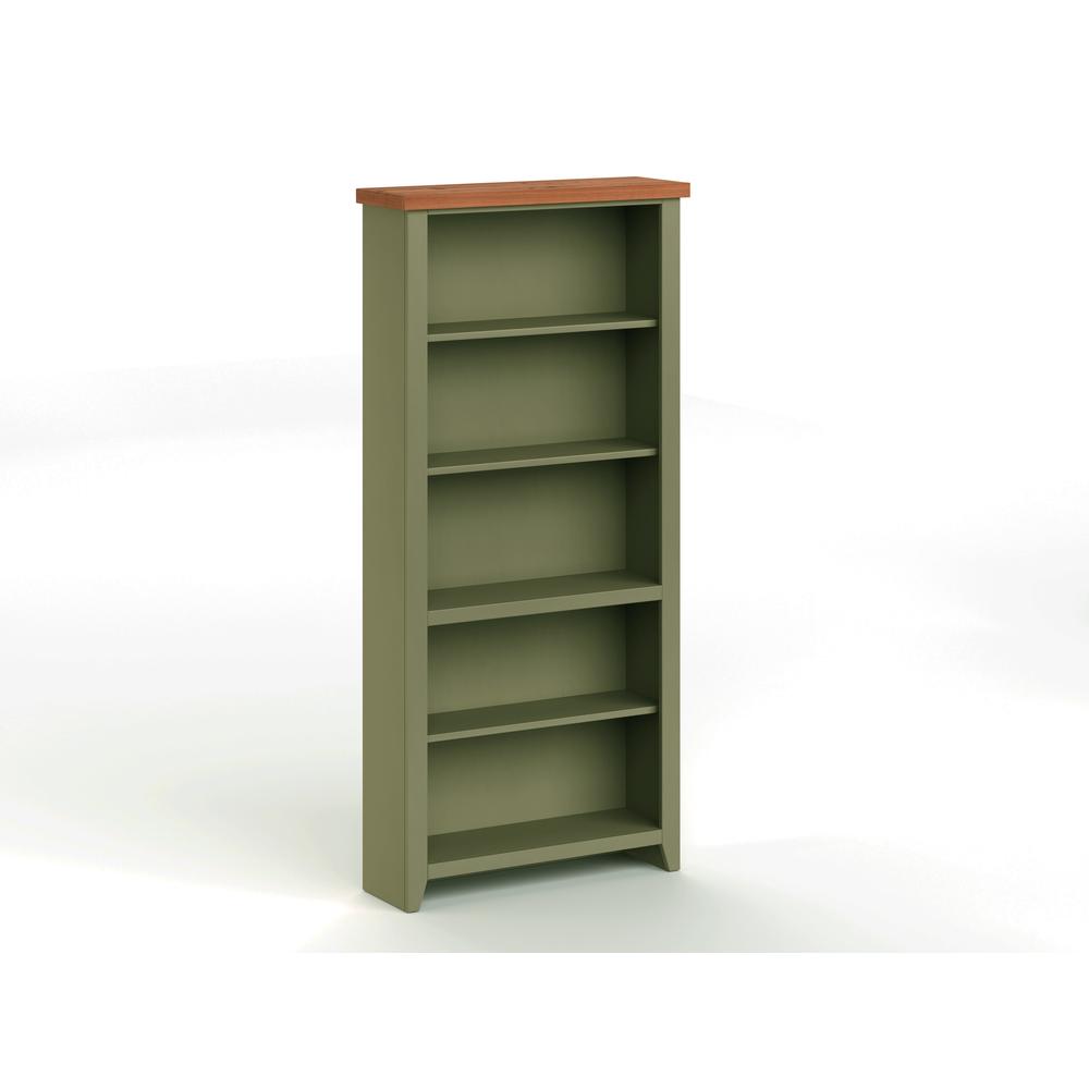 5-Shelf Sage Green and Fruitwood Finish Solid Wood Bookshelf. Picture 2