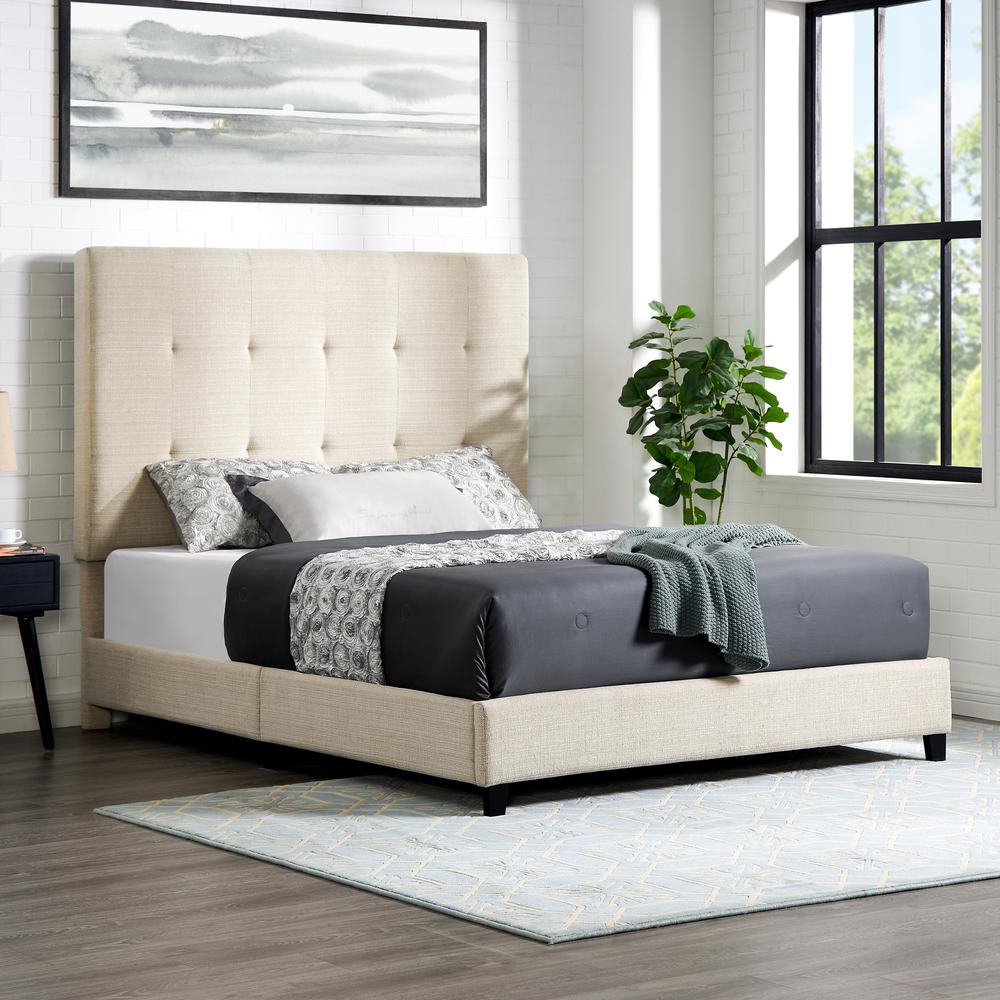 Queen Size Tall Tan Tufted Headboard Upholstered Platform Bed. Picture 5