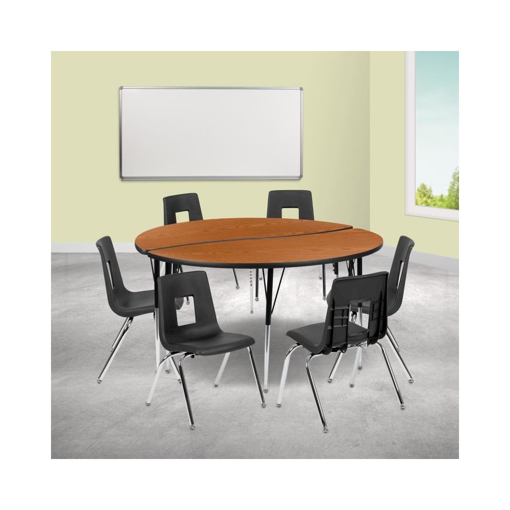 60" Circle Wave Flexible Laminate Activity Table Set with 18" Student Stack Chairs, Oak/Black. Picture 2