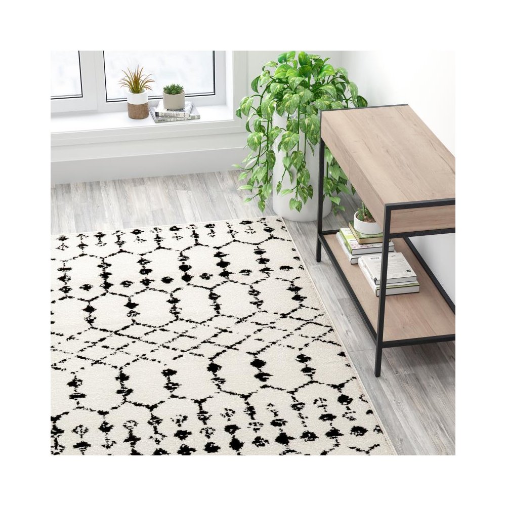 Geometric Bohemian Low Pile Rug - 8' x 10' - Ivory/Black. Picture 2