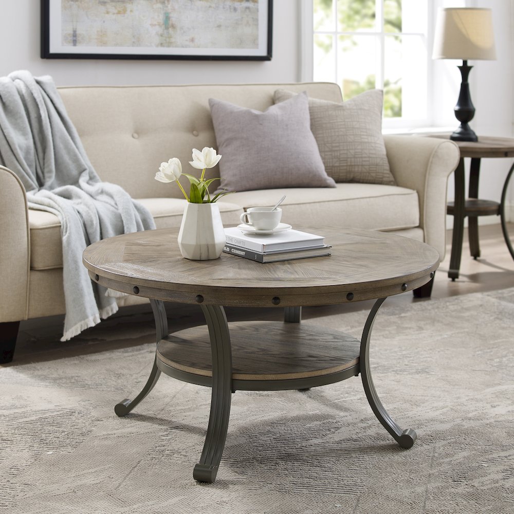 Franklin Metal and Wood Round Coffee Table Pewter. Picture 2