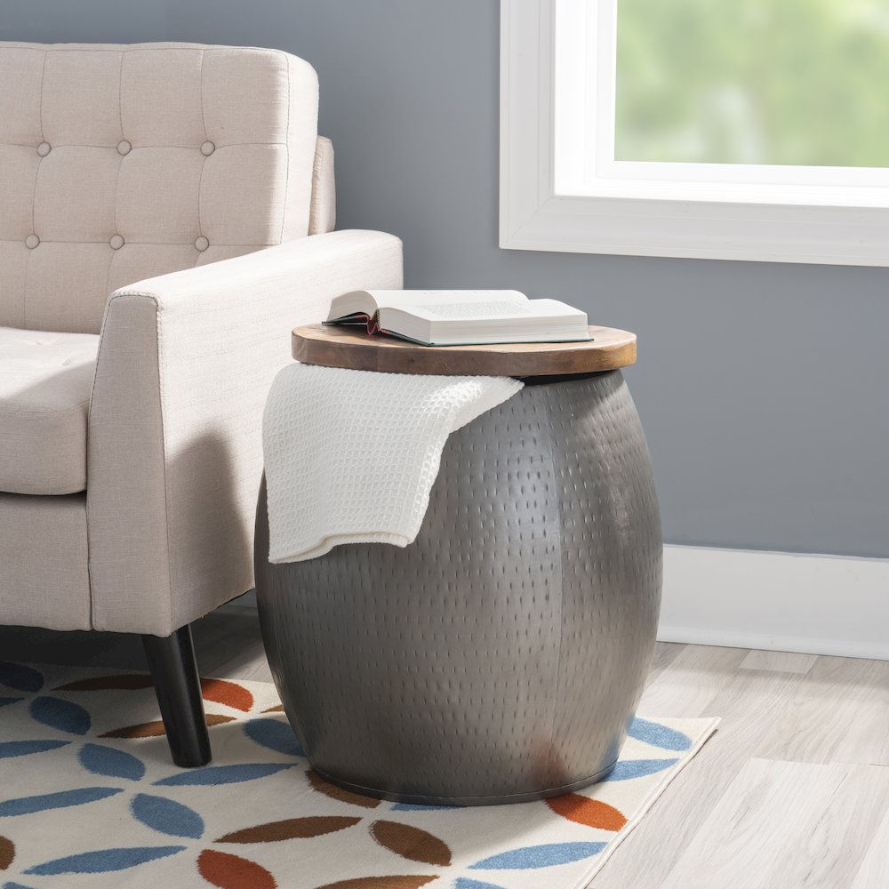Royce Drum Side Table With Storage Pewter. Picture 1