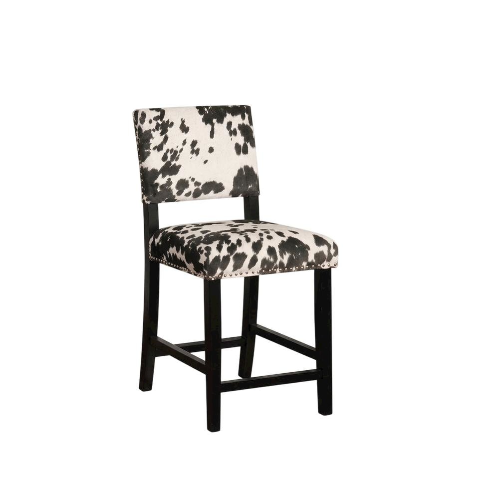 Black Cow Print Counter Stool with Foam Cushioned Seat and Wooden Frame. Picture 3