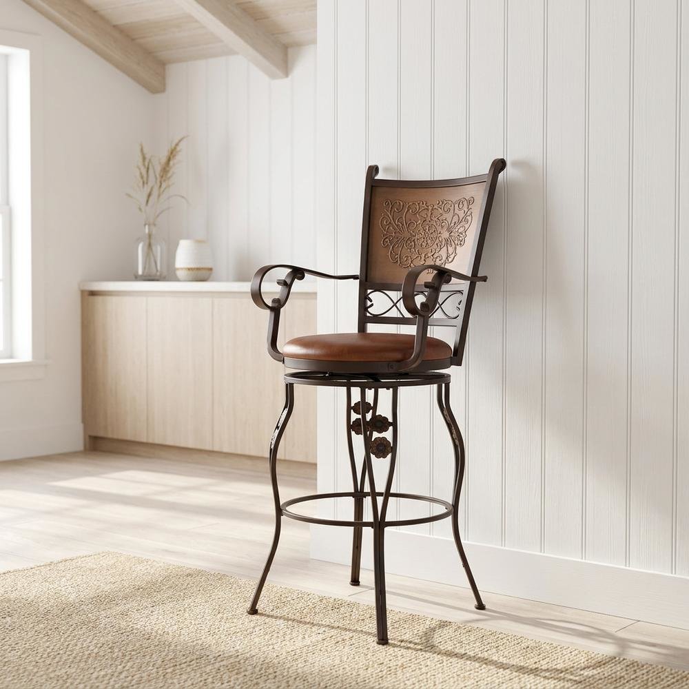 Copper Stamped Back Bar Stool with Arms in Durable Metal Construction. Picture 2