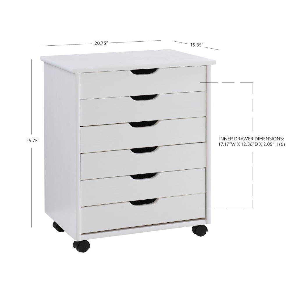 Cary Six Drawer Wide Roll Cart, White Wash. Picture 17
