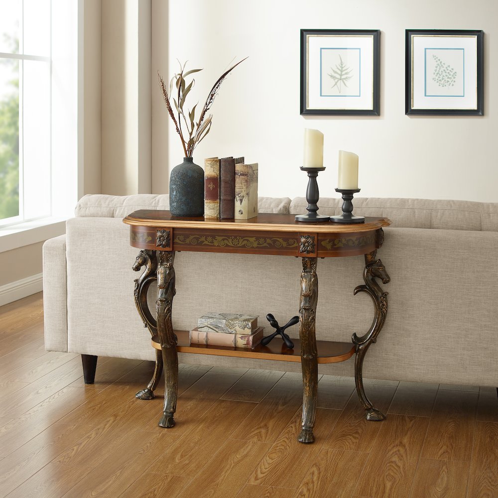 Masterpiece Floral Demilune Console Table with Horse head, Hoofed-foot Cast Legs & Display Shelf. Picture 4