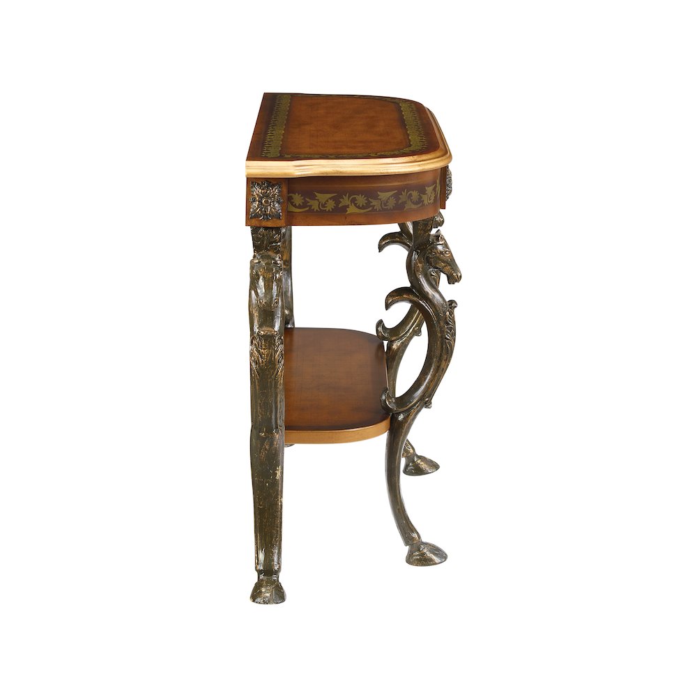Masterpiece Floral Demilune Console Table with Horse head, Hoofed-foot Cast Legs & Display Shelf. Picture 6