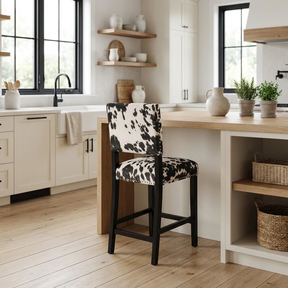 Black Cow Print Counter Stool with Foam Cushioned Seat and Wooden Frame. Picture 4