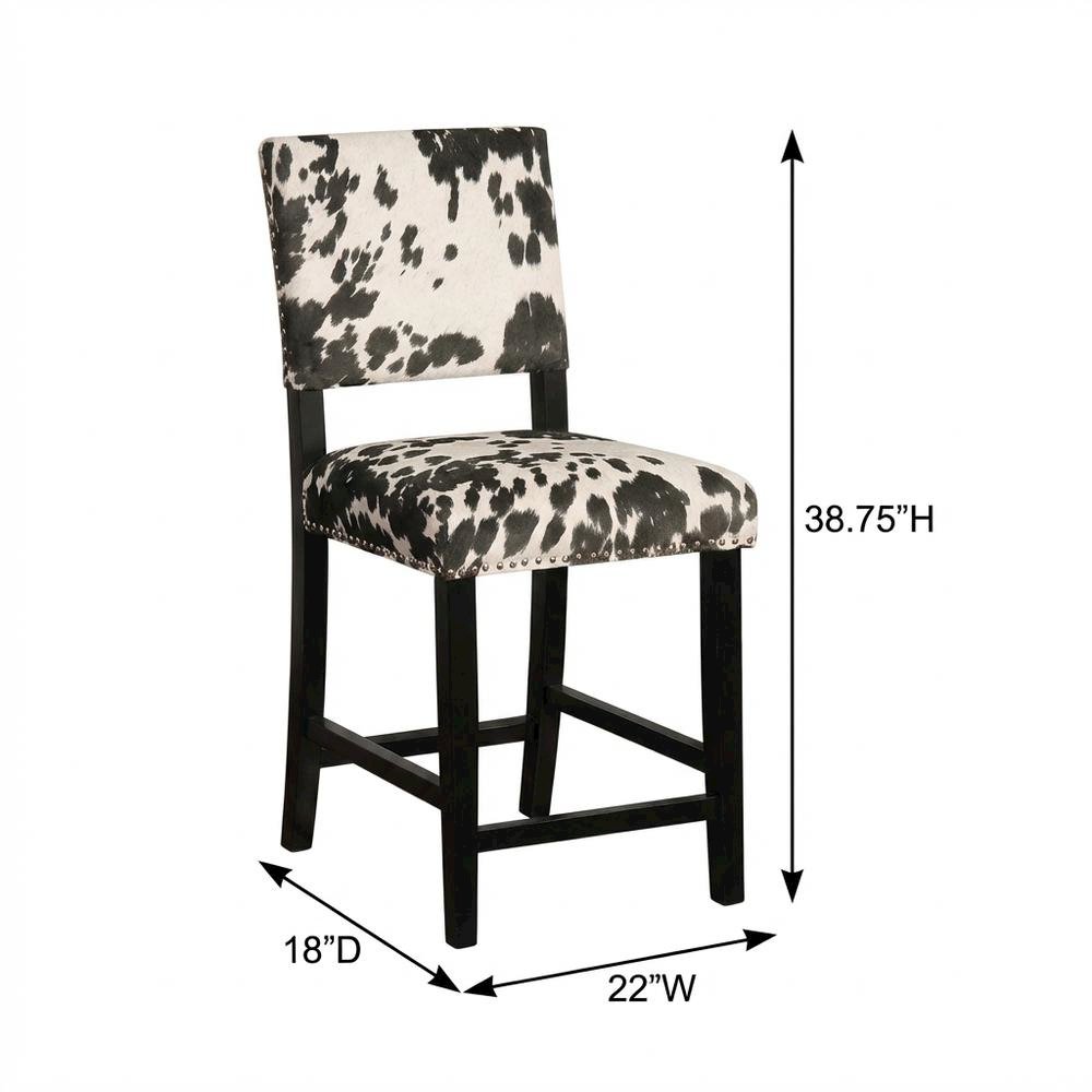 Black Cow Print Counter Stool with Foam Cushioned Seat and Wooden Frame. Picture 5
