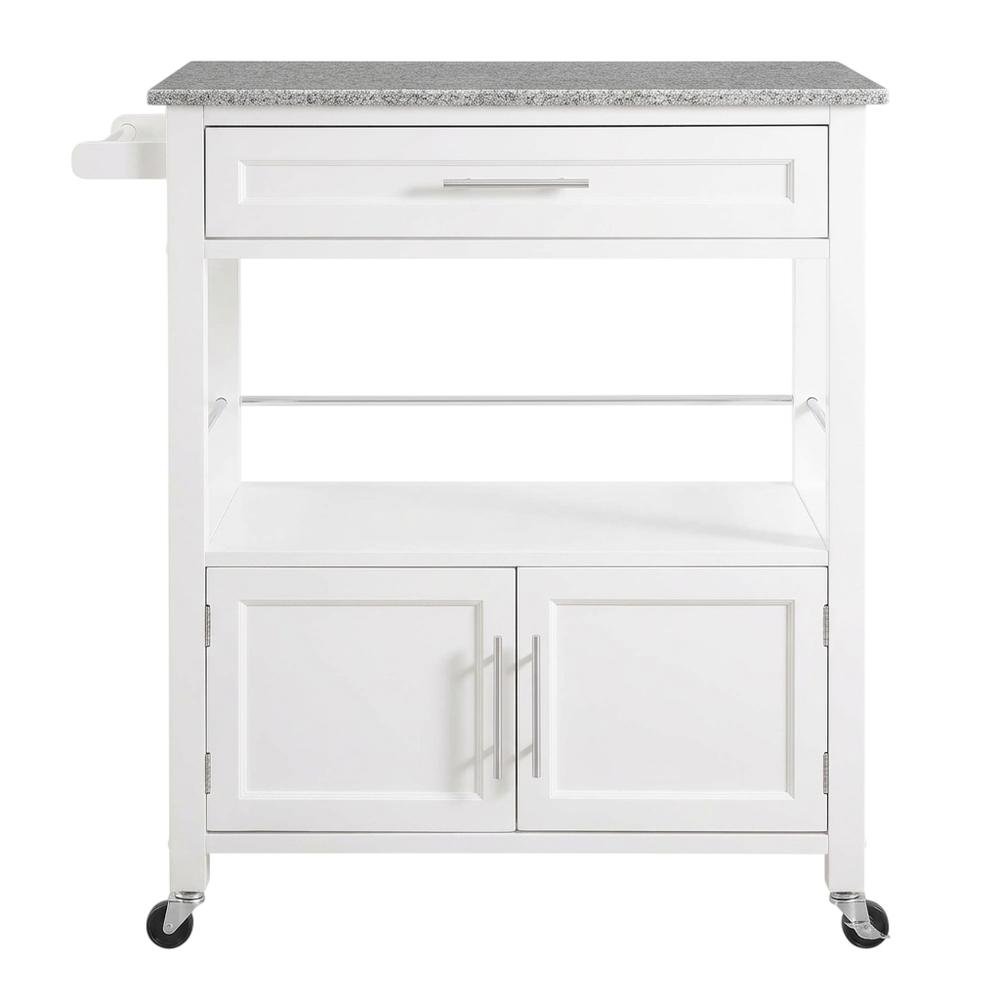 White Kitchen Cart with Granite Top and Timber Construction for Food Prep. Picture 1