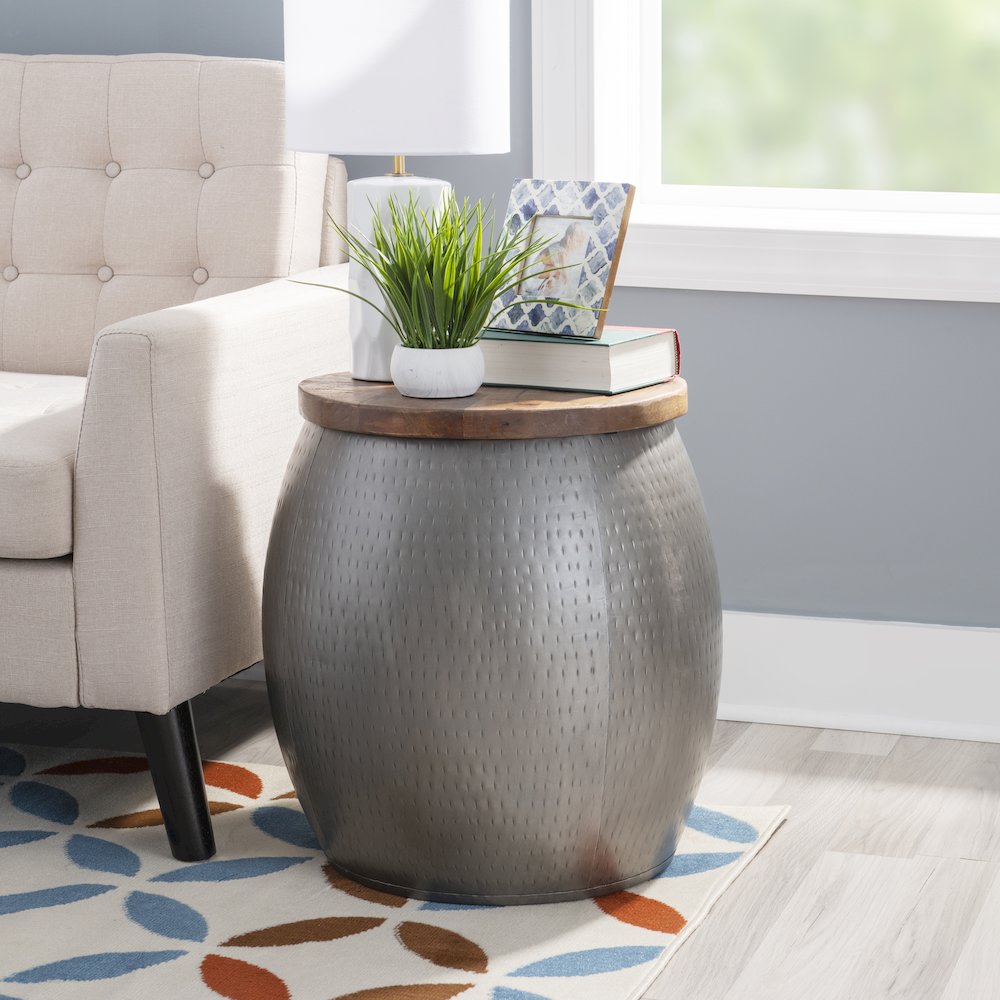 Royce Drum Side Table With Storage Pewter. Picture 2