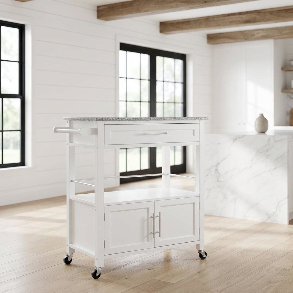 White Kitchen Cart with Granite Top and Timber Construction for Food Prep. Picture 5