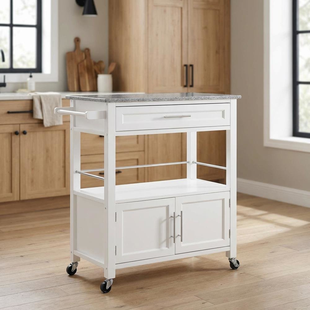 White Kitchen Cart with Granite Top and Timber Construction for Food Prep. Picture 2