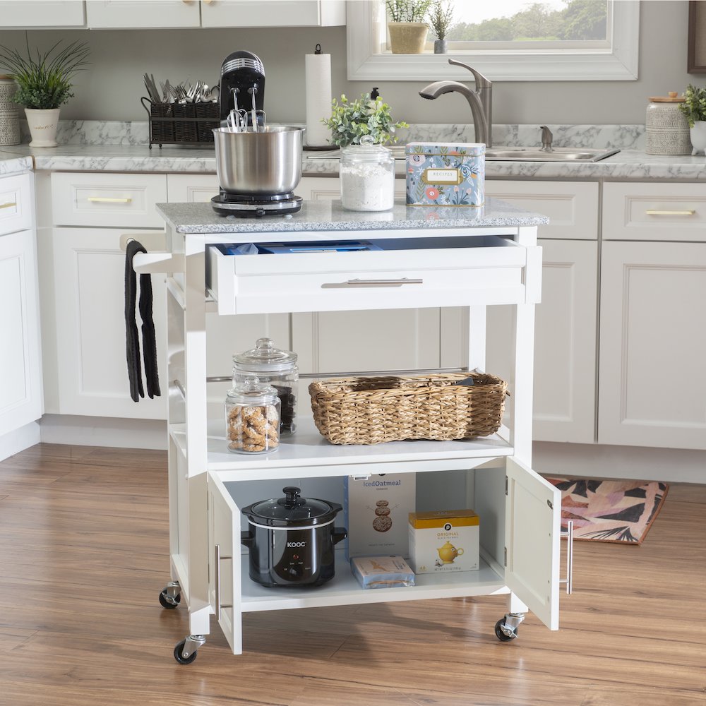Cameron White Kitchen Cart With Granite Top. Picture 5