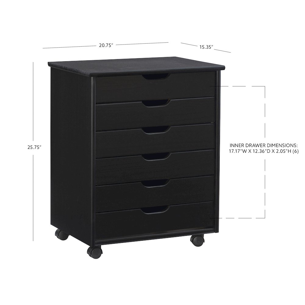 Cary Black Six Drawer Wide Rolling Storage Cart Black. Picture 17