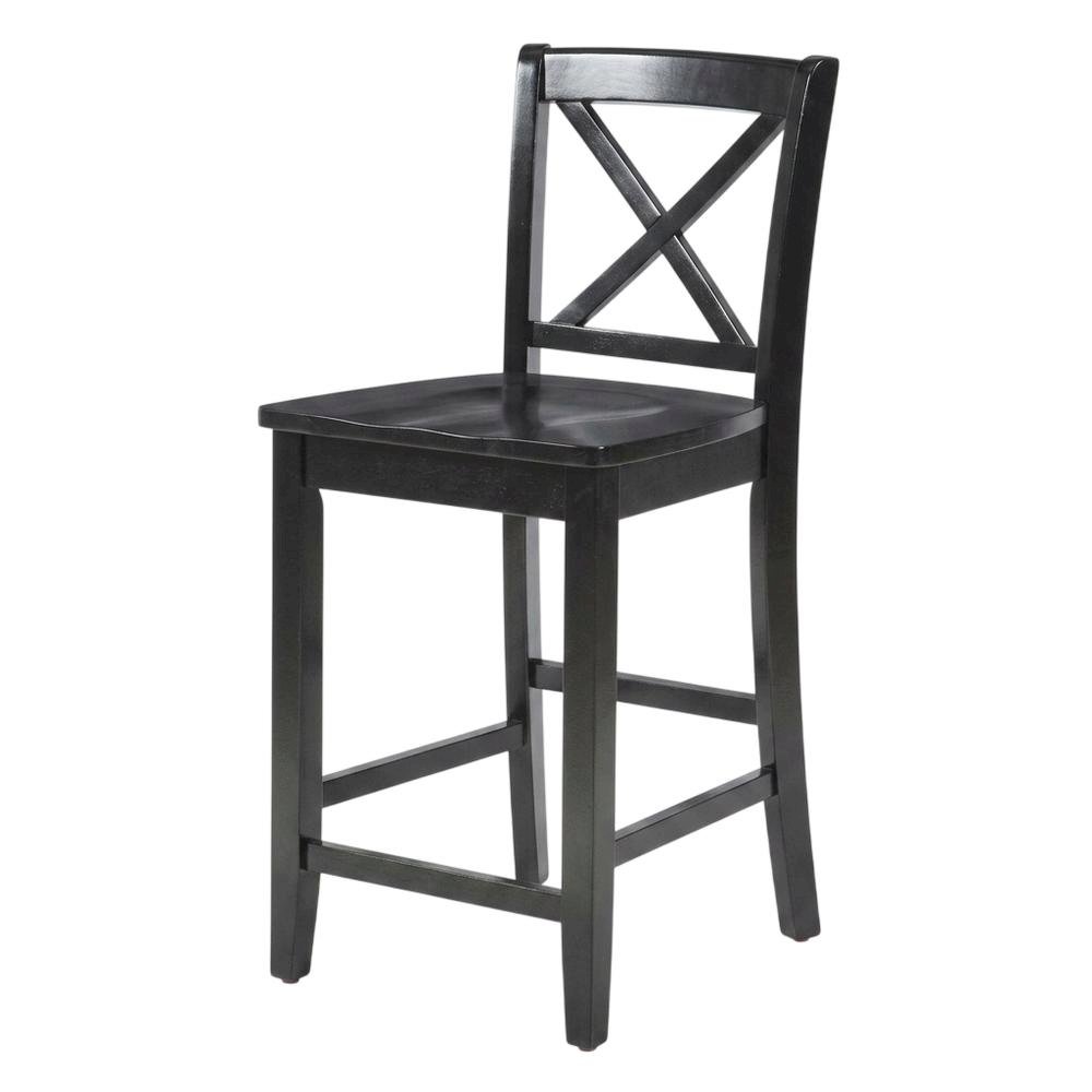 Black 24-Inch X-Back Counter Stool with Vietnamese Mahogany Wood Seat. Picture 1