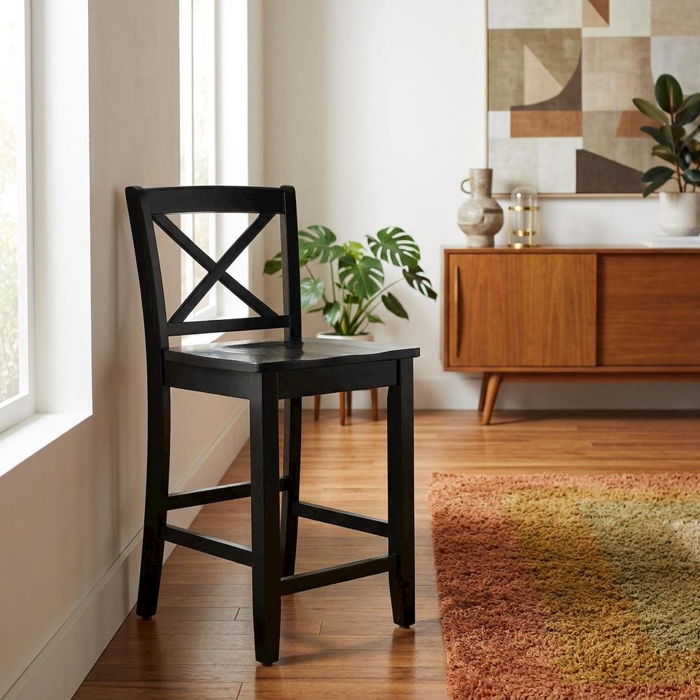 Black 24-Inch X-Back Counter Stool with Vietnamese Mahogany Wood Seat. Picture 2