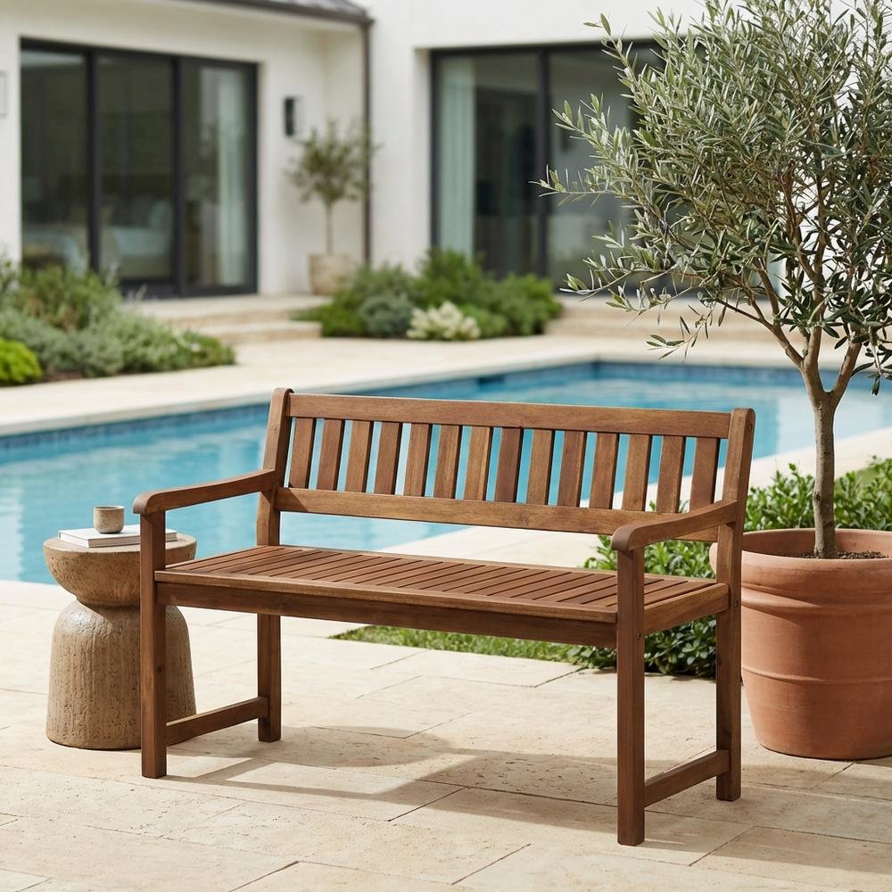 Acorn Finish Outdoor Bench In Solid Wood And Acacia For Patio Decor. Picture 3
