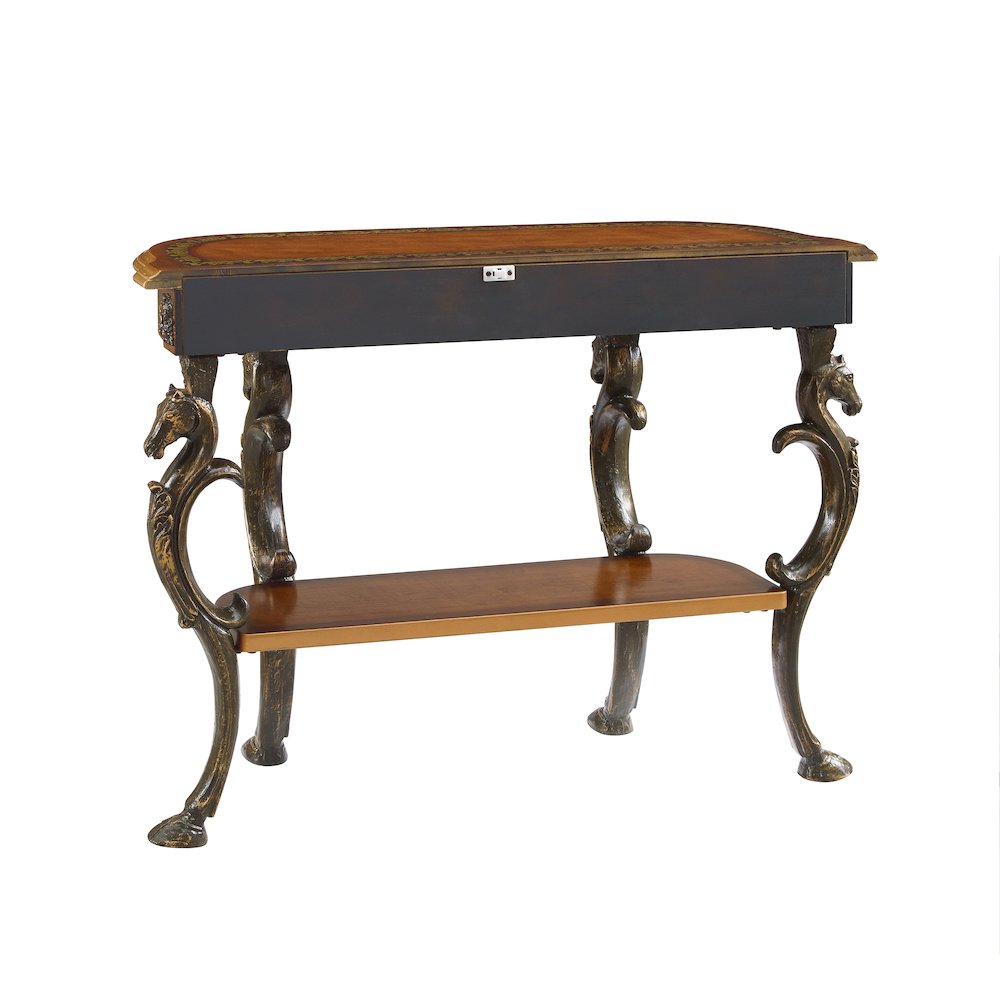 Masterpiece Floral Demilune Console Table with Horse head, Hoofed-foot Cast Legs & Display Shelf. Picture 10