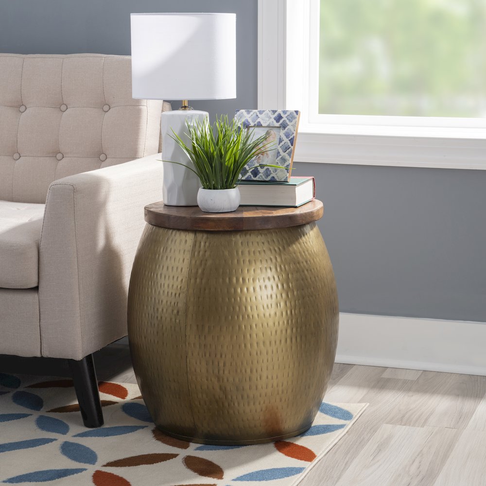 Royce Drum Side Table With Storage Brass. Picture 3