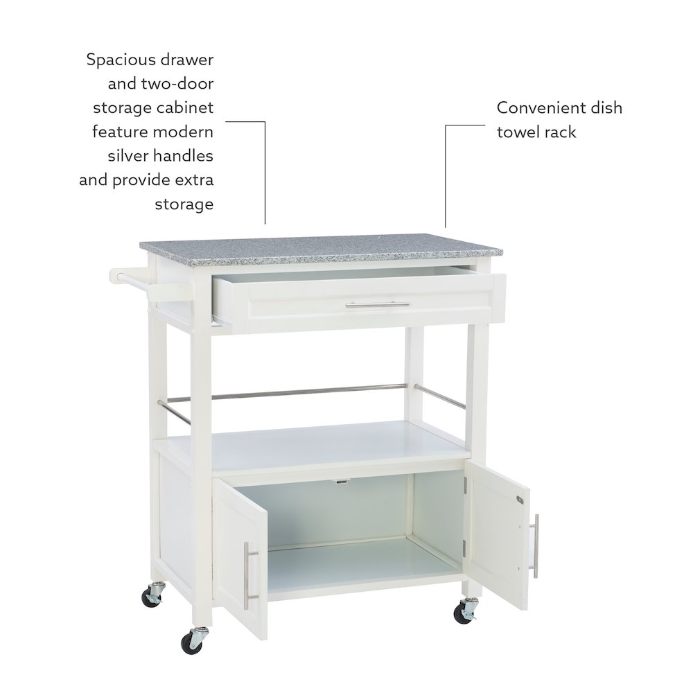 Cameron White Kitchen Cart With Granite Top. Picture 14