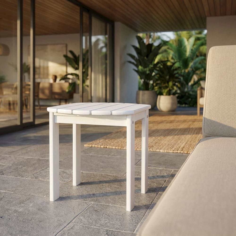 White Outdoor End Table With Solid Wood And Acacia Finish For Patio Use. Picture 2