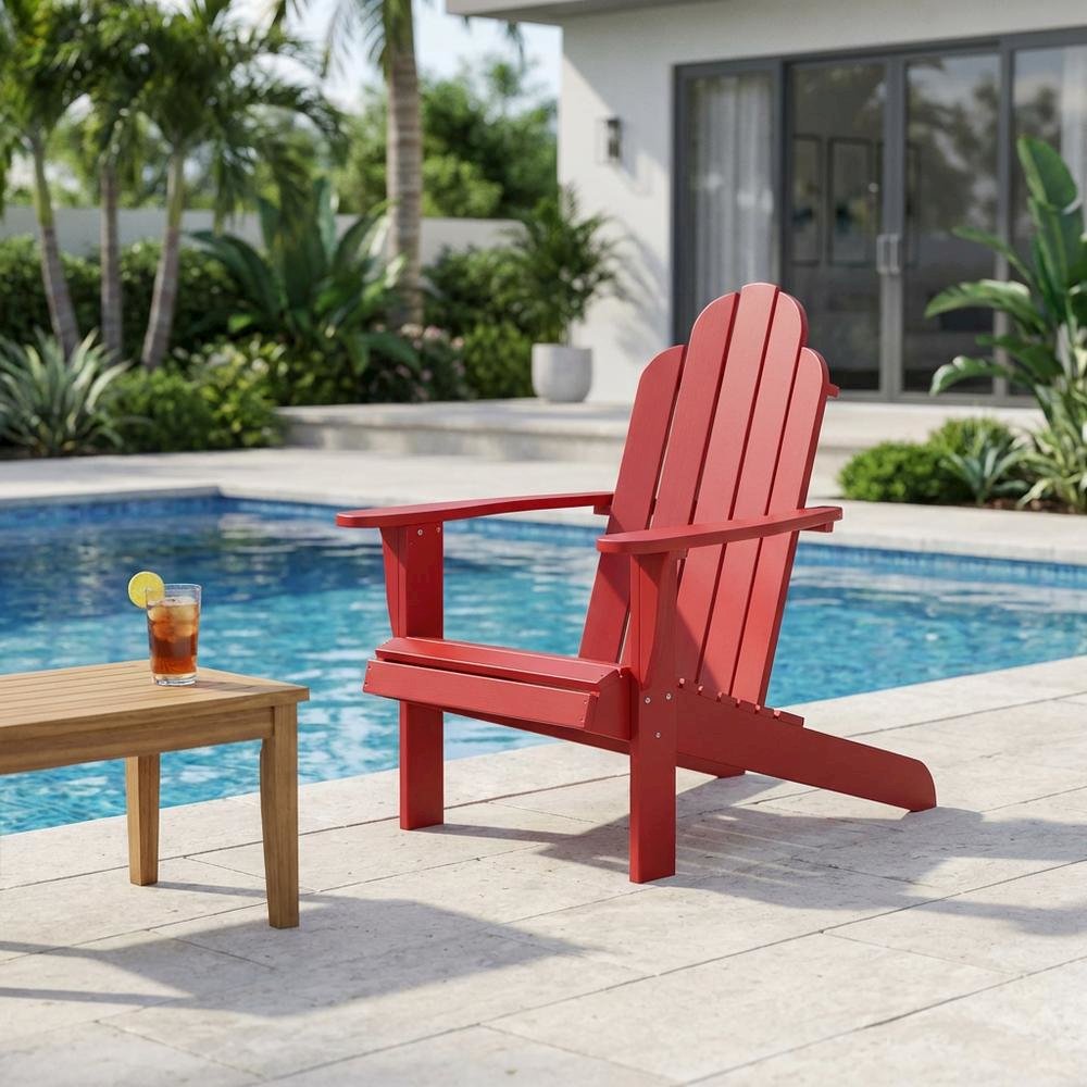 Red Adirondack Chair With Solid Wood Construction And Comfortable Design. Picture 3