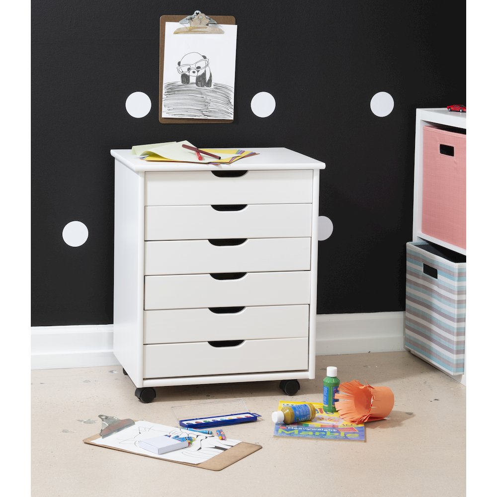 Cary Six Drawer Wide Roll Cart, White Wash. Picture 6
