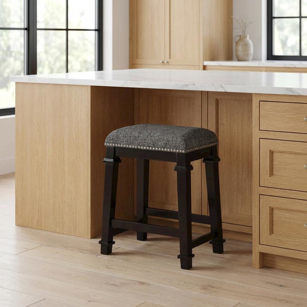 Black and White Tweed Backless Counter Stool with Wood Frame and Foam Seat. Picture 2
