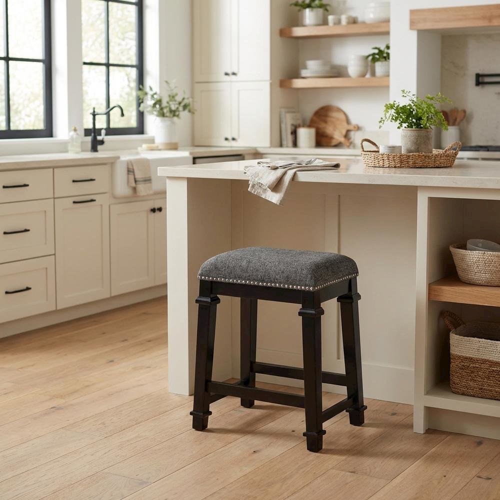 Black and White Tweed Backless Counter Stool with Wood Frame and Foam Seat. Picture 6