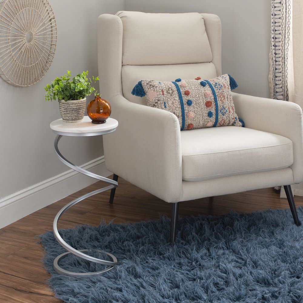 Rian Spiral Drink Table Silver White Marble. Picture 2