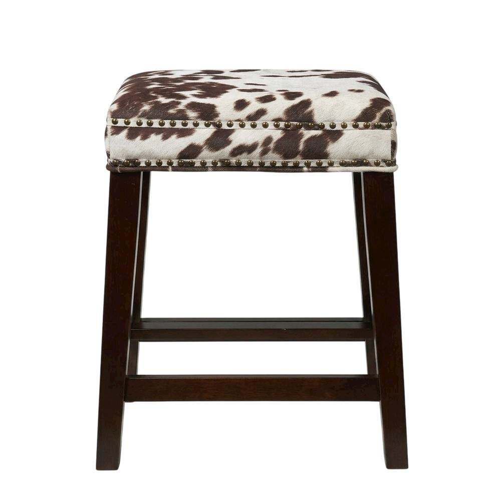 Brown Cow Print Counter Stool with Solid Wood Frame and Cushioned Seat. Picture 1
